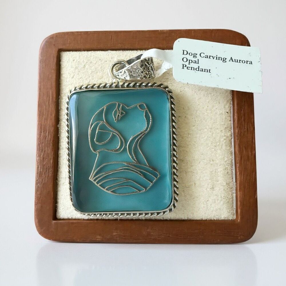 Aurora Opal Dog Carving Pendant Necklace – Sterling Silver Elegance